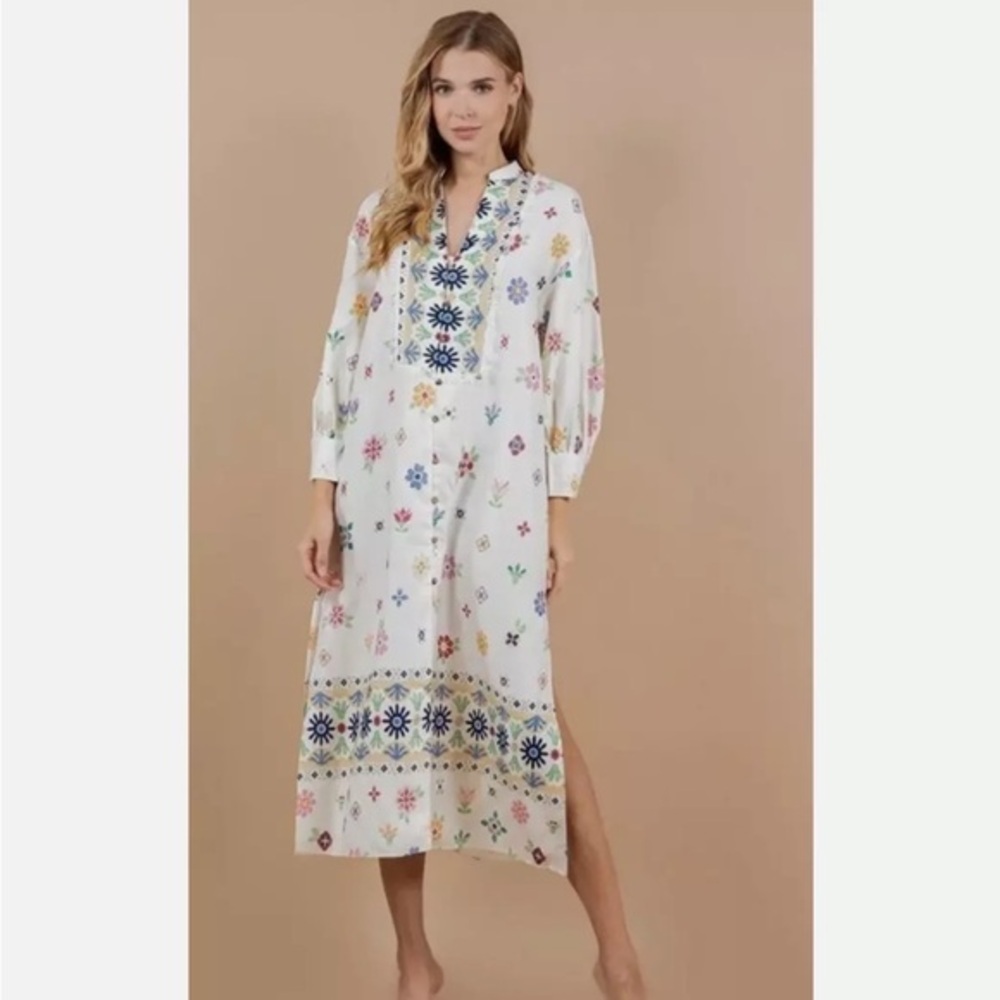 ZARA Oversized Linen Blend Floral Print MIDI  Kaftan Dress White Large